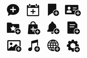 Solid plus icons. Includes add settings, note, bell, shopping, star folder, document and image. Modern vector collection for create and add actions.