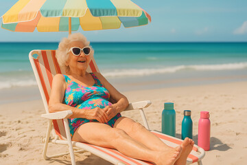 Elderly woman enjoying a sunny day at the beach while lounging under a colorful umbrella Generative AI