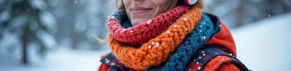 Cozy knit scarf in vibrant winter colors, perfect for skiing, snowboarding, or other snowy adventures Keeps you warm and stylish on the slopes Thick, warm, and comfortable , cold, vibrant, apparel