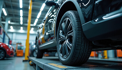 Close-up automotive repair garage shot. Car wheel on lift with equipment in background. Black vehicle maintenance, tire check, workshop service. Modern auto shop environment.