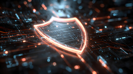 This is a digital art illustration featuring cyberseurity and technology theme with glowing cyber elemens and a shield icon at itscenter.