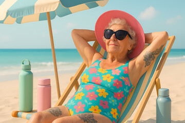 Woman relaxing on a beach chair under a sun umbrella enjoying a sunny day by the ocean Generative AI