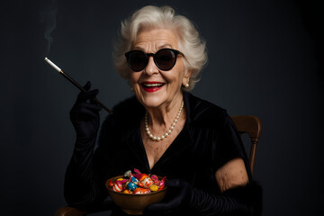 Elderly woman smiles confidently while enjoying colorful candies and smoking a cigarette in an elegant outfit indoors Generative AI