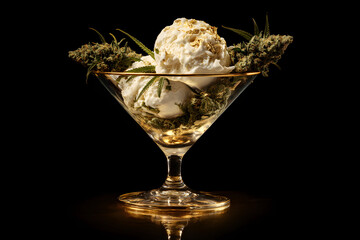 luxury marijuana cannabis ice cream in martini glass with gold flakes and weed buds 