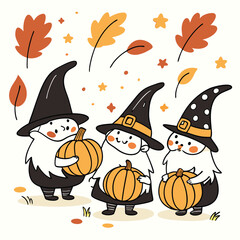 Three cute cartoon gnomes wearing hats are holding pumpkins among falling leaves