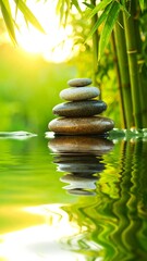 Obraz premium Stacked stones in water, serene bamboo background. Sunlight filters through