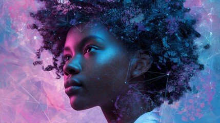 Intelligent young woman contemplating future with futuristic digital network overlay creating vibrant, dynamic, and thought-provoking visual concept.
