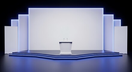 A modern, illuminated stage design featuring a podium, perfect for presentations and events.
