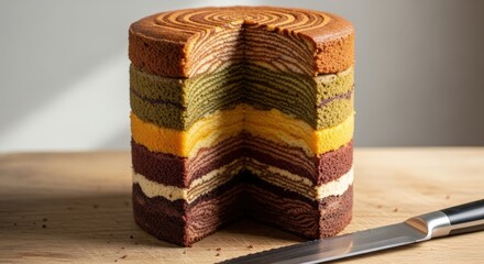 Intricate layered cake with slice removed, earthy brown and green, gourmet baking and celebration concept
