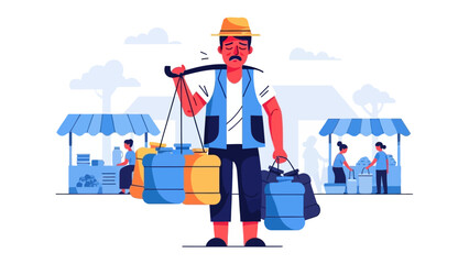 Bustling Street Vendor: Capturing the daily life of a street vendor carrying goods, showcasing the vibrancy of trade and the simplicity of life's offerings. A vivid vector illustration.