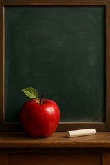 Red apple and chalk on a blackboard background