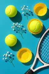 Tennis balls with flowers and racket on blue surface