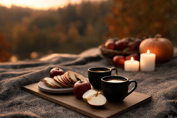 seasonal picnic, cozy fall picnic with blankets, apples, and pumpkins