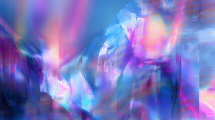 This abstract background image features a glitch effct that gives it a digital futuristic look. The imag has a color scheme of blu, purple, and pink with ditorted lines and shapes
