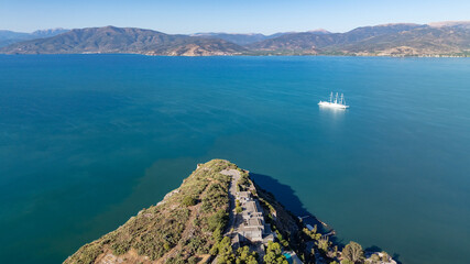 Aerial view of large sail boat at sea
