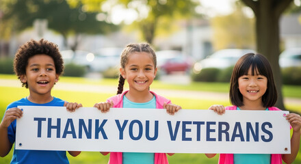 Happy children hold thank you veterans banner.  Smiling kids show gratitude for veterans service. Perfect thank you veterans image for memorial day cards and social media posts.