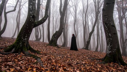 Foggy forest, mysterious figure