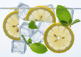 Fresh lemon slices and mint leaves with ice cubes in sparkling water with bubbles on a white background