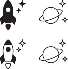 Isolated black space icons, rocket planet star vector icons, minimal space exploration design, editable outline space icons, black silhouette space symbols