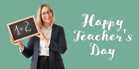 Female Math teacher with chalkboard on green background. Banner for World Teacher's Day