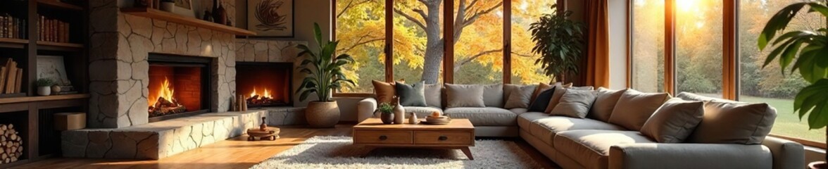 Cozy family room interior with fireplace, comfortable seating, and natural light streaming through large windows Perfect for relaxation and family gatherings , interior, interior design, carpet