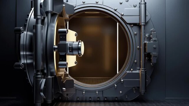 A large, intricately designed safe door with a golden keyhole. The door is made of metal and has a shiny, polished appearance. The keyhole is also made of gold and is placed in the center of the door