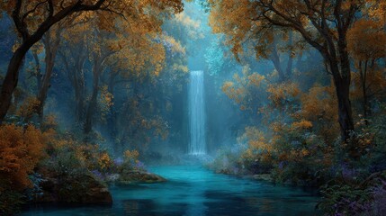 Enchanting Waterfall in a Mystical Forest: A Fantasy Landscape of Nature's Beauty