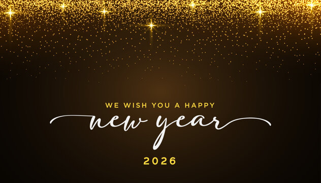 Happy New Year 2026 with gold stars and sparkles