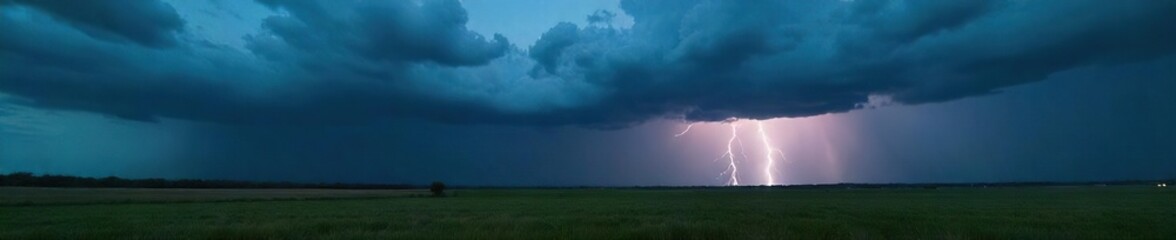 Dramatic dark clouds building over a vast landscape, heavy rain imminent, lightning strikes in the distance A powerful and moody nature scene , landscape, dramatic