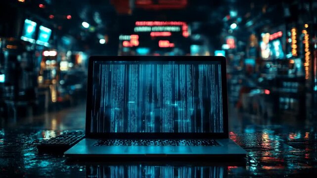 A glowing laptop displaying digital code in a vibrant, neon-lit urban environment at night
