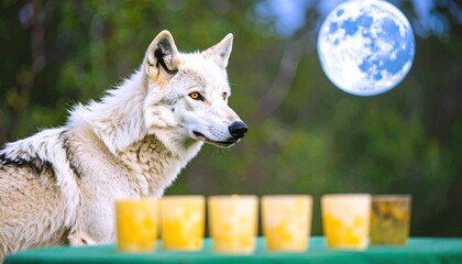 A wolf in the moonlight, beside candles