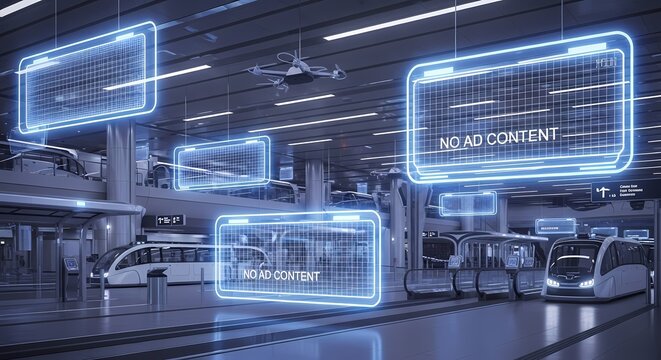 Futuristic train station interior featuring digital display screens with "no ad content" and modern transportation.