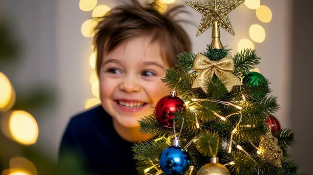 Curious boy peeks from behind a decorated Christmas tree with bokeh lights in background, holiday season footage