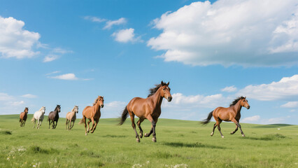 Fototapeta premium Grassland & Blue Sky Running Horse Natural Outdoor Photography