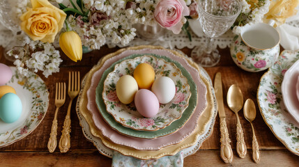 Elegant Easter table setting with pastel eggs, floral arrangement, vintage plates