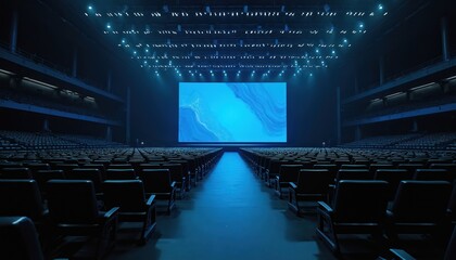 Obraz premium Dark conference hall with many empty black chairs in rows facing large blue screen on stage. Modern interior venue illuminated by numerous ceiling spotlights. Wide perspective view of convention