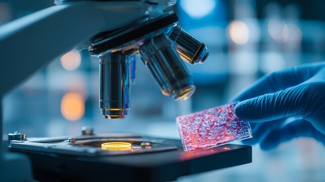 Scientist meticulously places microscopic sample under powerful laboratory microscope for detailed analysis and discovery in advanced research setting