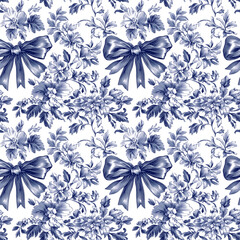 Vintage Blue Bow French Toile Pattern