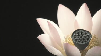 Obraz premium Macro close-up of an elegant lotus flower with soft pink petals and a central seed pod on a clean white background featuring minimalist style