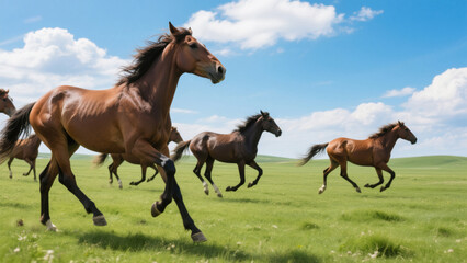 Grassland & Blue Sky Running Horse Natural Outdoor Photography