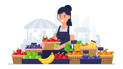Fresh Market Vendor with Fruits: A vibrant illustration of a cheerful market vendor surrounded by an array of fresh, colorful fruits, inviting viewers to experience the abundance of the local harvest.