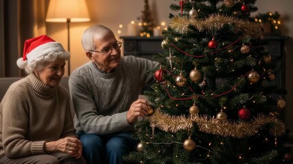Woman and man decorating Christmas tree together at home close up. Senior couple celebrating festive holiday footage. - Powered by Adobe