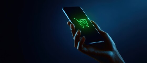 The Smartphone Showing a Neon Green Shopping Cart Icon for Mobile Ecommerce