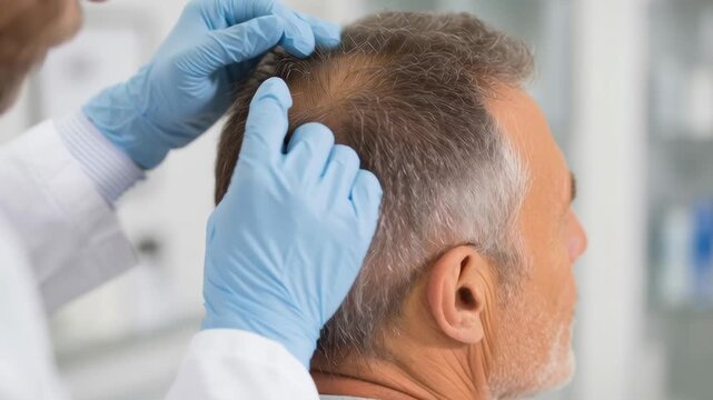 A man is getting his hair cut by a doctor. The doctor is wearing gloves and a white coat
