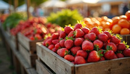 Fresh ripe strawberries displayed in wooden crates at farmers market. Red berries with green leaves. Healthy organic fruits. Summer harvest. Retail, shopping, local business. Sunlight.