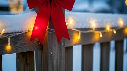 Red christmas bow and outdoor string lights on snowy fence railing. Holiday decoration for winter season at night footage. - Powered by Adobe