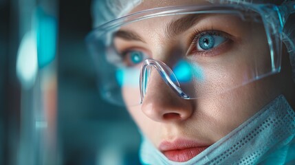 Intense scientist with piercing blue eyes focused on groundbreaking research, wearing protective goggles and mask in a modern lab setting with vibrant blue lighting