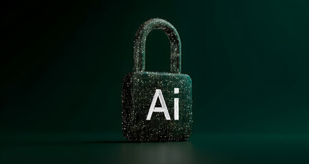 Digital Ai padlock locked for computing system on dak green background, cyber ecurity technology for frad prevention and privacy dta network protection, tha says "Ai"
