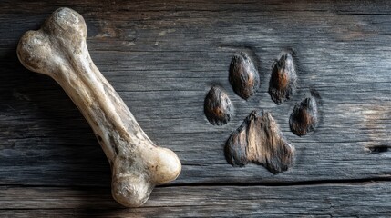 Rustic Dog Paw and Bones on Wooden Surface with Ample Blank Space for Pet-Themed Text