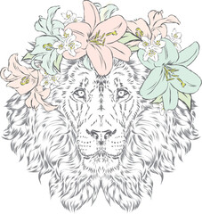 Lion wearing a crown of flowers. Vector illustration.